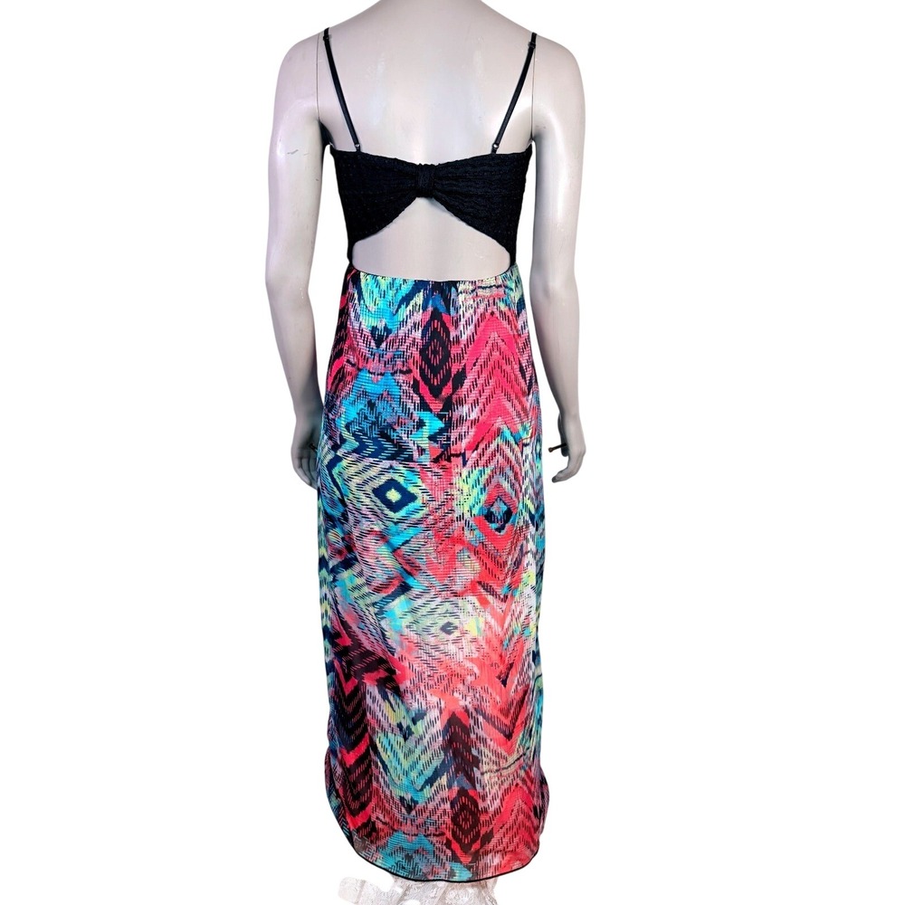 Trixxi Womens Black Lace Bodice Multi Color Ikat Print Cutout Back Maxi Dress M - Picture 2 of 8
